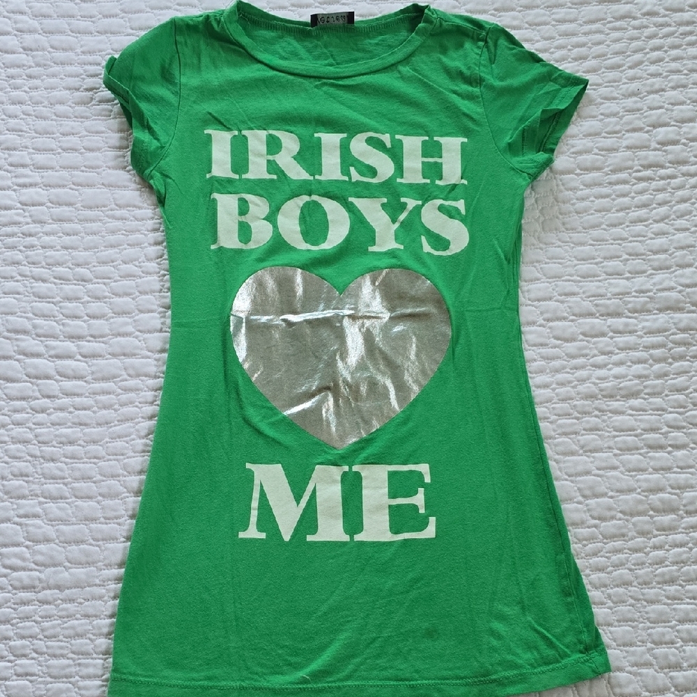 Y2K Wet Seal Green 'Irish Boys Love Me' Graphic Tee Metallic Silver Heart Small